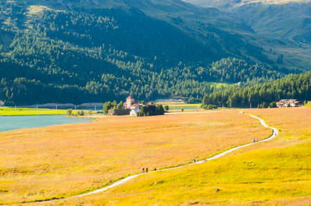 Engadine valley and lake near Sankt Moritzの写真素材