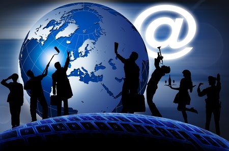 Men at work background with globe and globe-shaped keyboard with internet symbolの写真素材