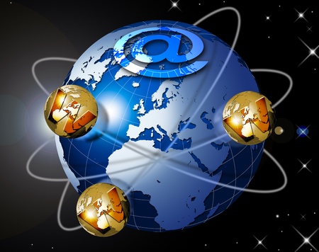 Illustration symbol www and internet with blue terrestrial globe, planets and starsの写真素材