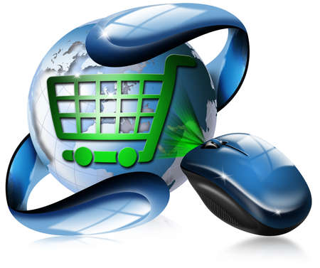 Mouse, globe and shopping cart symbolの写真素材