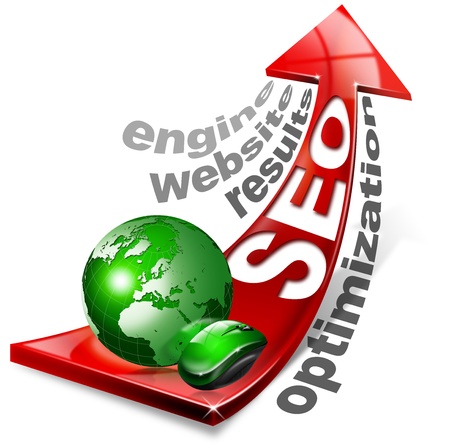Written SEO with red arrow and globe, mouse and written: optimization, results, website, engineの写真素材