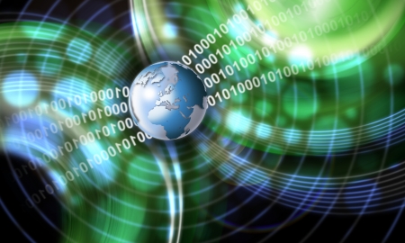 Green and blue technology background with globe, shades and binary codeの写真素材