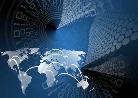 Blue background with map globe and binary code for the cover page or poster with shades の写真素材