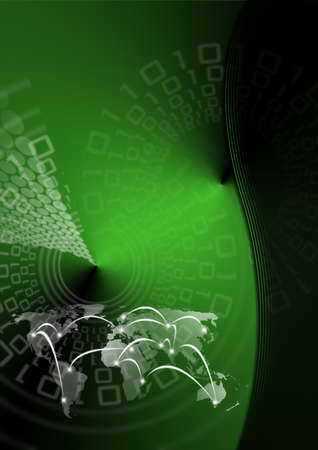 Green and black background with map globe and binary codeの写真素材