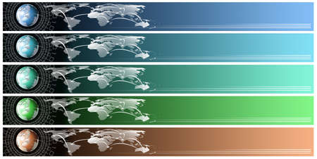 Five technological banners or backgrounds with astral globe, map and binary codeの写真素材