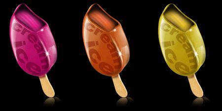 Three colored ice creams on a black backgroundの写真素材
