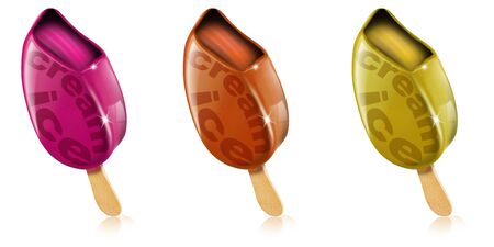 Three colored ice creams on a white backgroundの写真素材