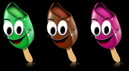 Three cartoon colored ice creams with smile on a black backgroundの写真素材