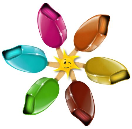 Six colored ice cream in a circle with a smiling sun on a white backgroundの写真素材