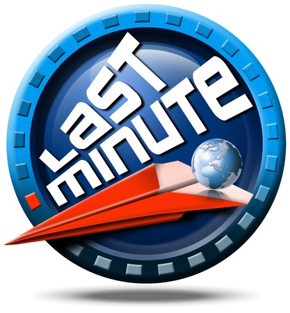 Icon round with written last minute, red flight, globe and stylized clockの写真素材