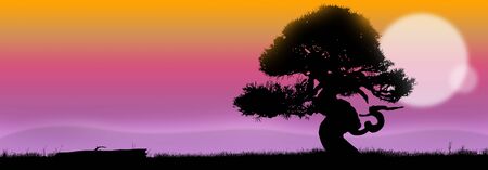 Pastel landscape at sunrise with tree silhouetteの写真素材