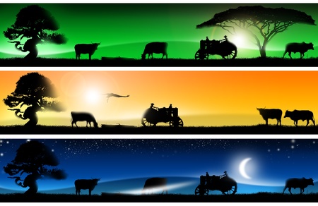 Three banners of imagination with colorful landscapes of country life, with grass, trees, cows, tractor and birdの写真素材