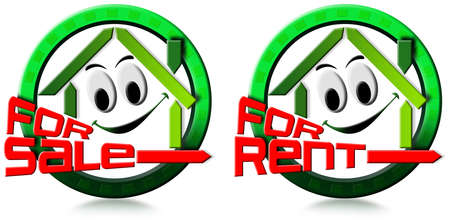 Two icons with stylized smiling and written home for sale and for rentの写真素材