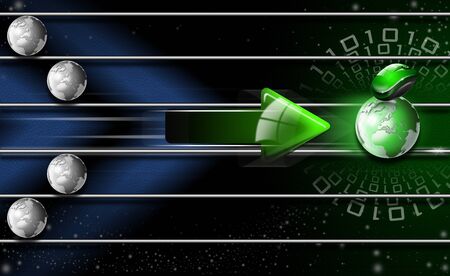 Illustration with 4 gray globes and one green with arrow, mouse and binary codeの写真素材