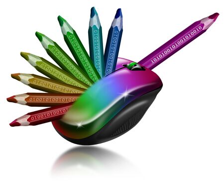 Illustration with multicolor mouse with 9 colored pencils and binary codeの写真素材