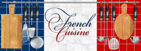 Kitchen utensils hanging on steel pole on a marble background and written french cuisineの写真素材
