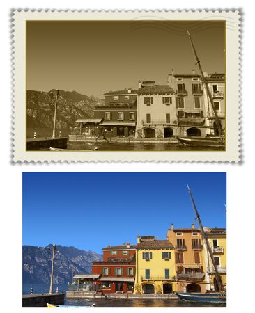 Sailing boat in the harbor of Malcesine on Lake Garda - Italyの写真素材