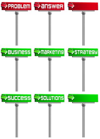 Six red and green business signs with steel pole on white backgroundの写真素材
