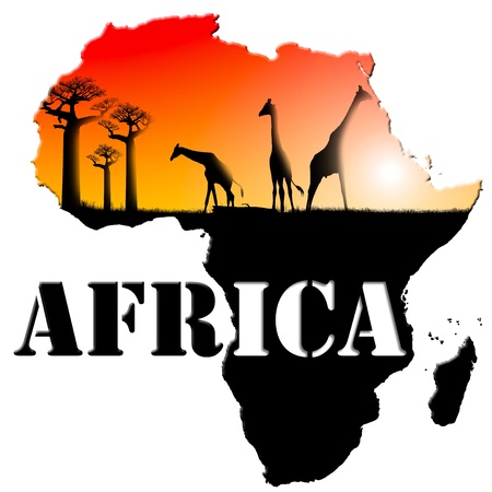 Africa map with colorful landscape of fantasy, with grass, baobab trees and giraffesの写真素材