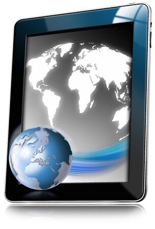 Illustration of tablet computer with world map and earth globe on white backgroundの写真素材