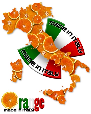 Italian territory with slices of orange and italian flag, made in Italy with a writtenの写真素材