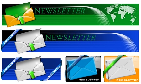Four newsletter concept banner with envelopes, arrows and corners on white backgroundの写真素材