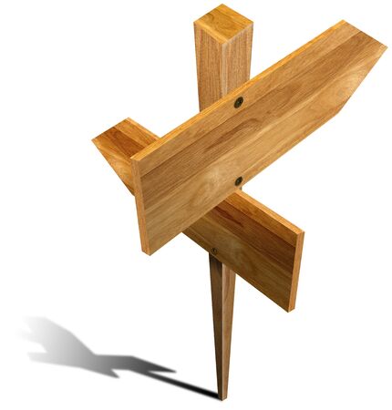 Wooden Sign with two arrows and shadow on white backgroundの写真素材