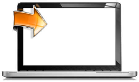 Modern laptop with orange arrow and blank screen for promotional messageの写真素材