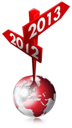Red Sign with two arrows and written 2012-2013 over the globeの写真素材