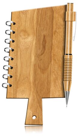 Blank wooden notebook shaped cutting board, with metal rings and propelling pencilの写真素材