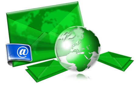 E-mail marketing concept on white background with green globeの写真素材