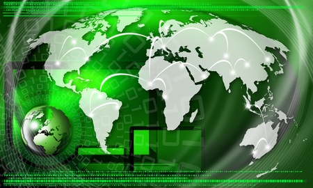 Green background with globe, global business connection and binary codeの写真素材