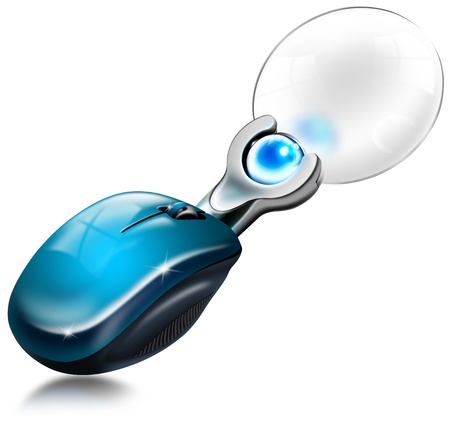 Blue mouse with a magnifying glass search conceptの写真素材