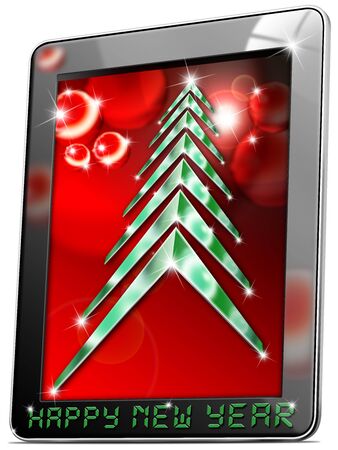 Black tablet computer with Christmas tree and happy new yearの写真素材