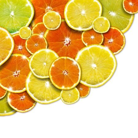 Background with slices of orange and lemon and reflectionsの写真素材