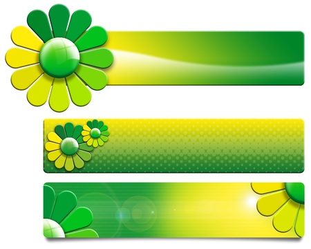 Three banners with stylized green and yellow flowers の写真素材