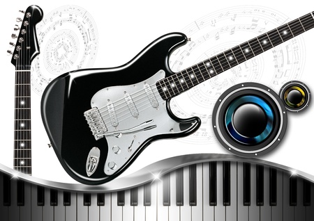 Musical background with piano keys, guitar and wooferの写真素材