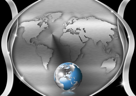 Metallic and black background with earth map and globeの写真素材