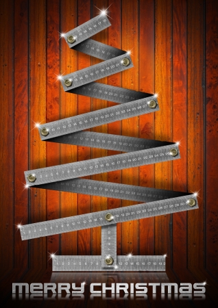 Metallic Christmas tree with bolts heads on wood backgroundの写真素材