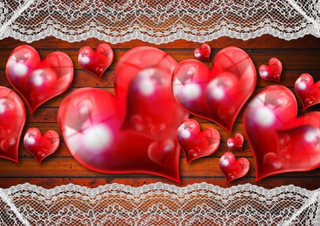 Romantic vintage background with red hearts and handmade laceの写真素材