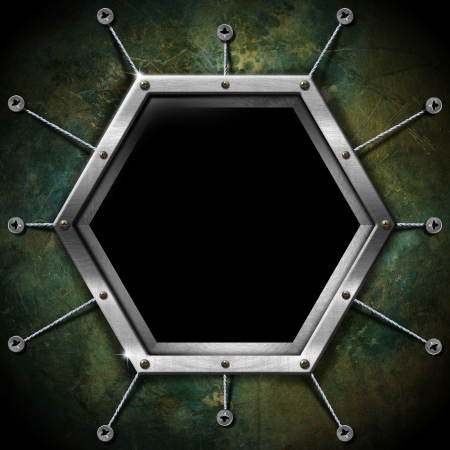 Empty metallic hexagonal frame on a grunge green backgroundの写真素材