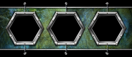 Horizontal and grunge background with three hexagonal metallic framesの写真素材