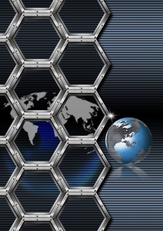 Blue business background with hexagonal frames and terrestrial globeの写真素材