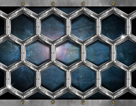 Blue and black grunge background with metallic hexagonsの写真素材