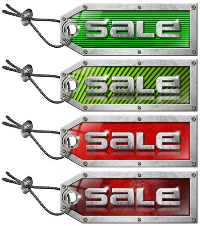 Metallic green and red tags with steel cable and written sale の写真素材