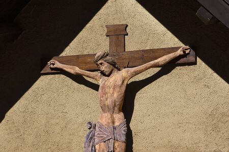 Christ on the cross - Wooden crucifix, Sanctuary of San Romedio - Trento Italyの写真素材