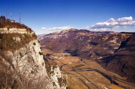 Aerial view of the Adige Valley with highway and cultivated fieldsの写真素材