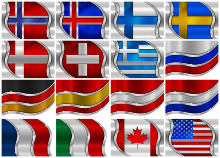 Collection of 16 metal flags on White Backgroundの写真素材