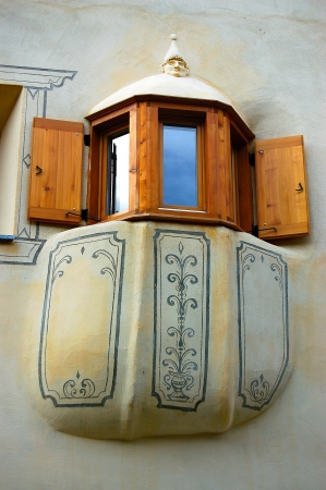 Detail of a typical window with decorations inArdez, Engadine Switzerlandの写真素材