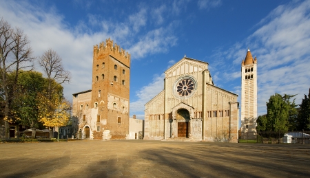 Facade and bell tower of the Church of San Zeno in Verona Italyの写真素材